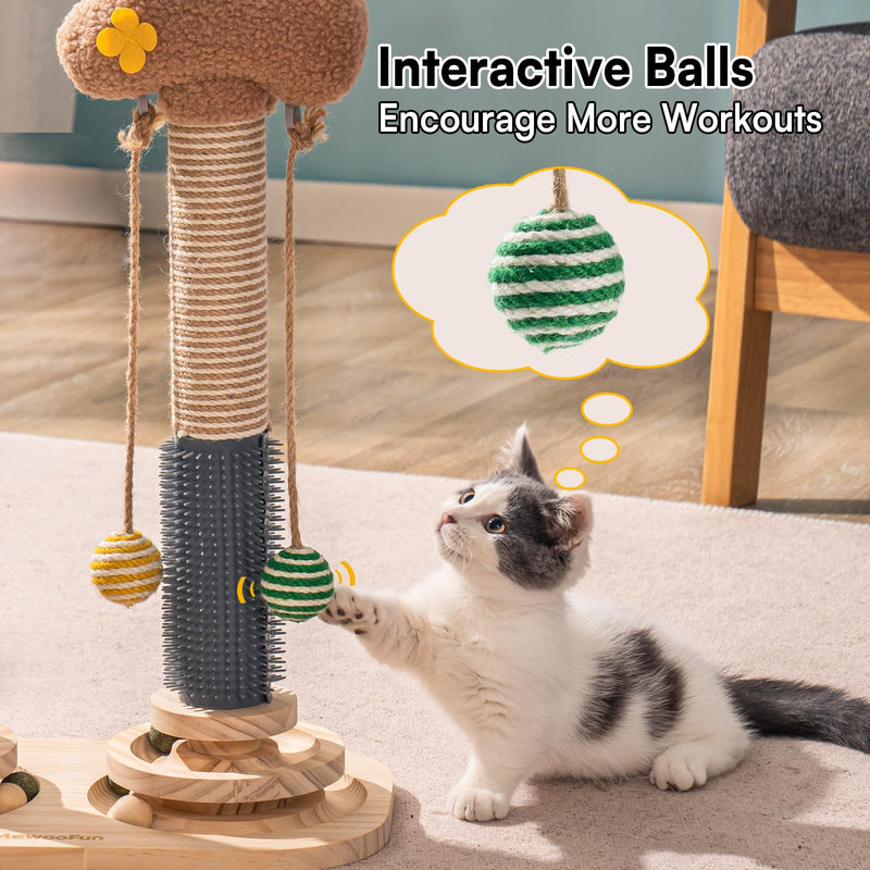 MEWOOFUN 3-in-1 Cat Toy Kitten Toy Made of Wood - Double Scratching Post Interactive Cat Toy Roller 2-Layer Turntable Kitten Toy with Hanging Ball Toy Cat 40 x 57 cm - PawsPlanet Australia