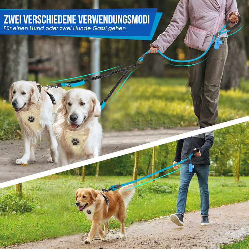 Eyein Double Leash for 2 Dogs, Dog Leash for Large Dogs, Flexible and Reflective Tangle-Free Dog Leash with 2 Padded Handles for Dogs from 11 to 68 kg (Blue) Blue Large (Total Weight 11-68 kg) - PawsPlanet Australia