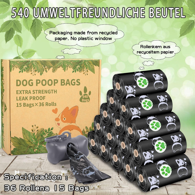 POWZOO dog waste bags 36 rolls (540 bags) with dispenser, waste bags, suitable for leaving the house, portable - black dog waste bags, with a light lemon scent. - PawsPlanet Australia