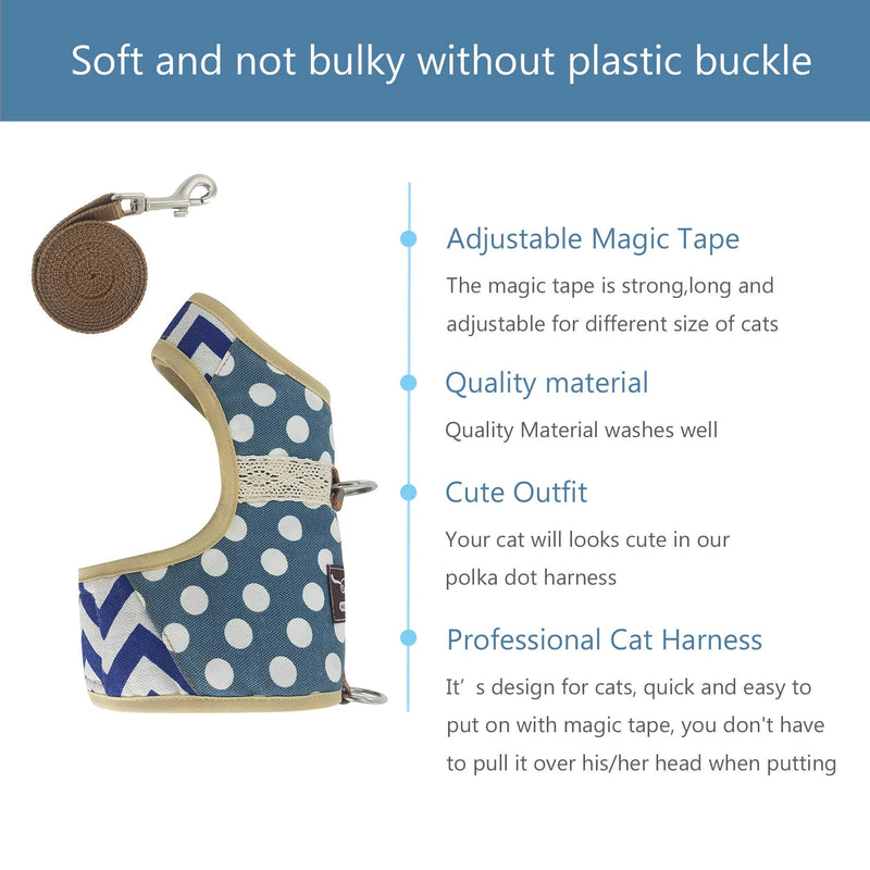 Yizhi Miaow Escape Proof Kitten Harness with Leash X-Small, Adjustable Kitten Walking Jackets, Padded Kitten Vest Polka Dot Blue XS 2-4LBS - PawsPlanet Australia