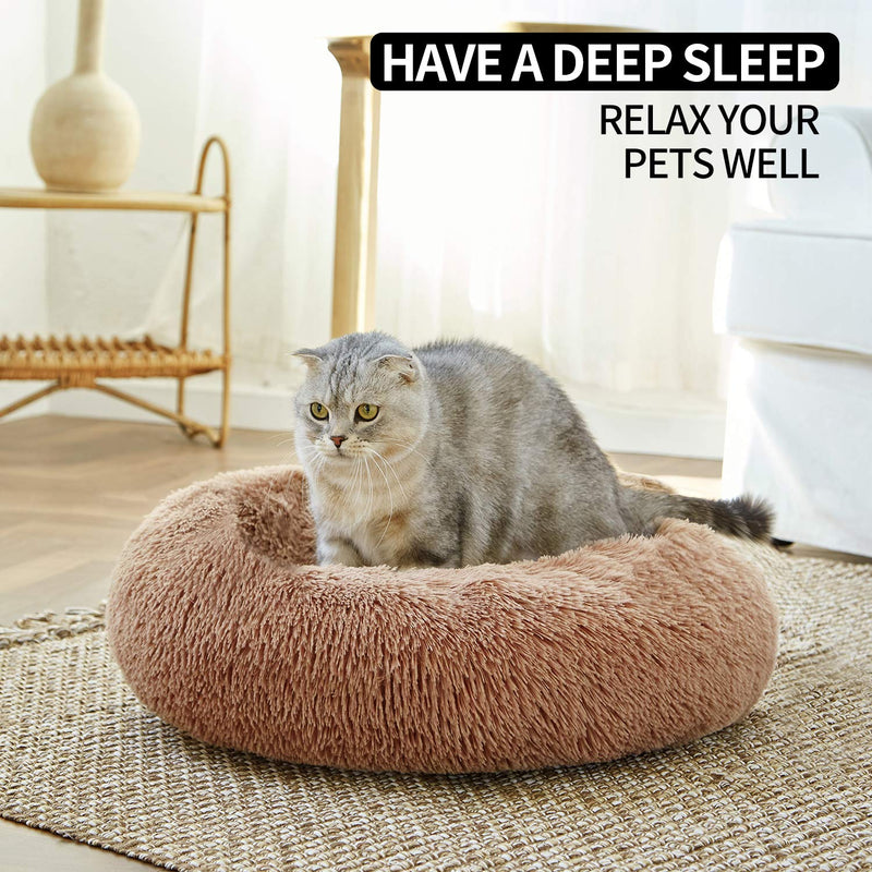 BPEDT Dog Bed Cat Bed Donut, Anti Anxiety Pet Bed Plush Warming Cozy Machine Washable Dog Bed Round, Improve Sleeping Calming Dog Bed for Large Medium Small Dog Camel - PawsPlanet Australia