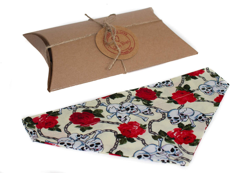 Olly Bops Hand Made Dog Bandana Chained to Eternity Skulls and Roses design in Gift Box - Cream (M/L) M/L - PawsPlanet Australia