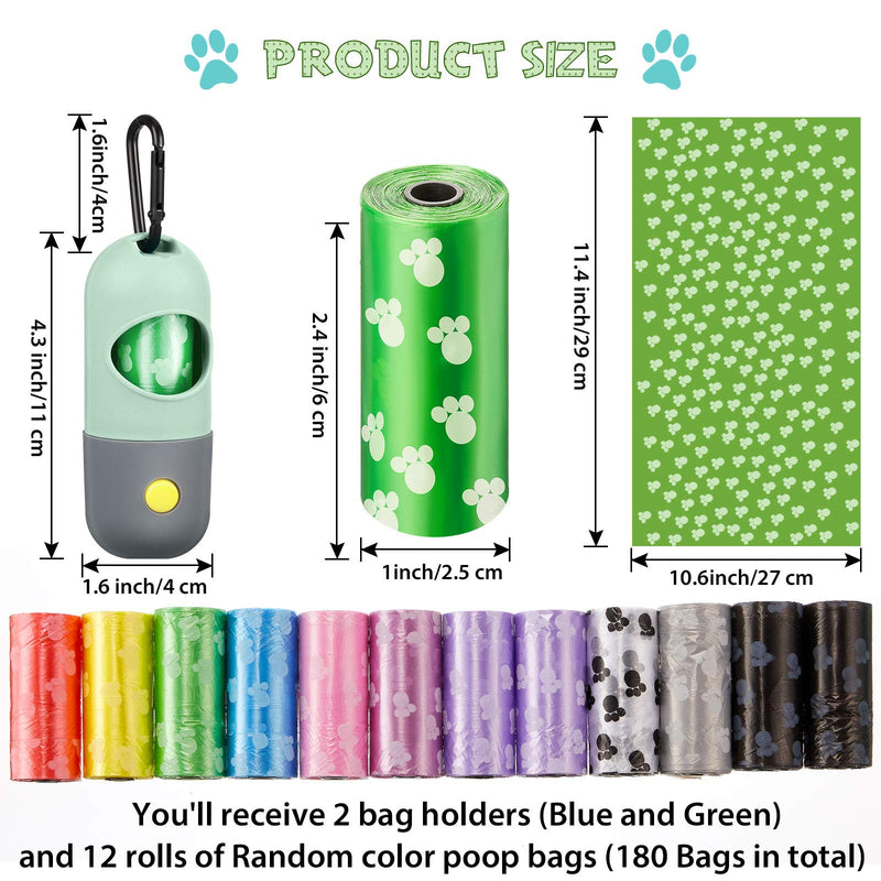 2 Pieces Dog Poop Waste Bag Holder Dispenser with LED Flashlight and 12 Rolls (180 Counts) Colorful Leak-Proof Dog Waste Bags Pickup Bags Holder Pet Waste Carrier - PawsPlanet Australia
