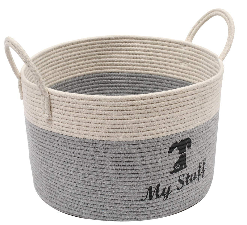 Cotton rope round cat basket with handle, large pet toy storage basket - Perfect for organizing pet toys, blankets, leashes, coats MZ0789 White Gray 2 - PawsPlanet Australia