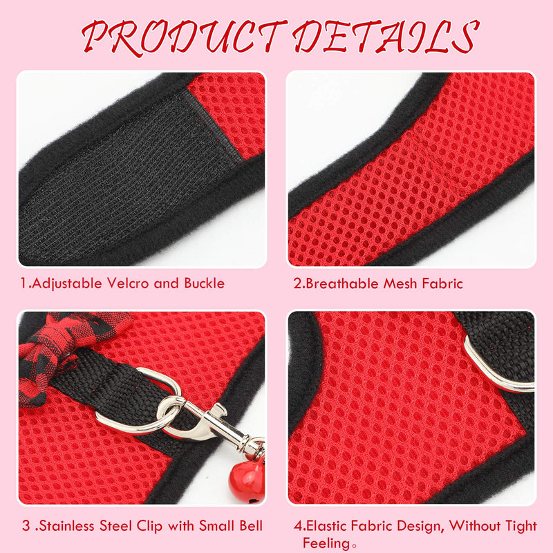 [Australia] - SATINIOR 2 Pieces Soft Small Pet Harness Pet Walking Vest with Bowknot Bell Breathable Puppy Harness Nylon Pet Leash Vest Set for Bunny, Ferret, Rats, Iguana, Hamster S Black, Red 