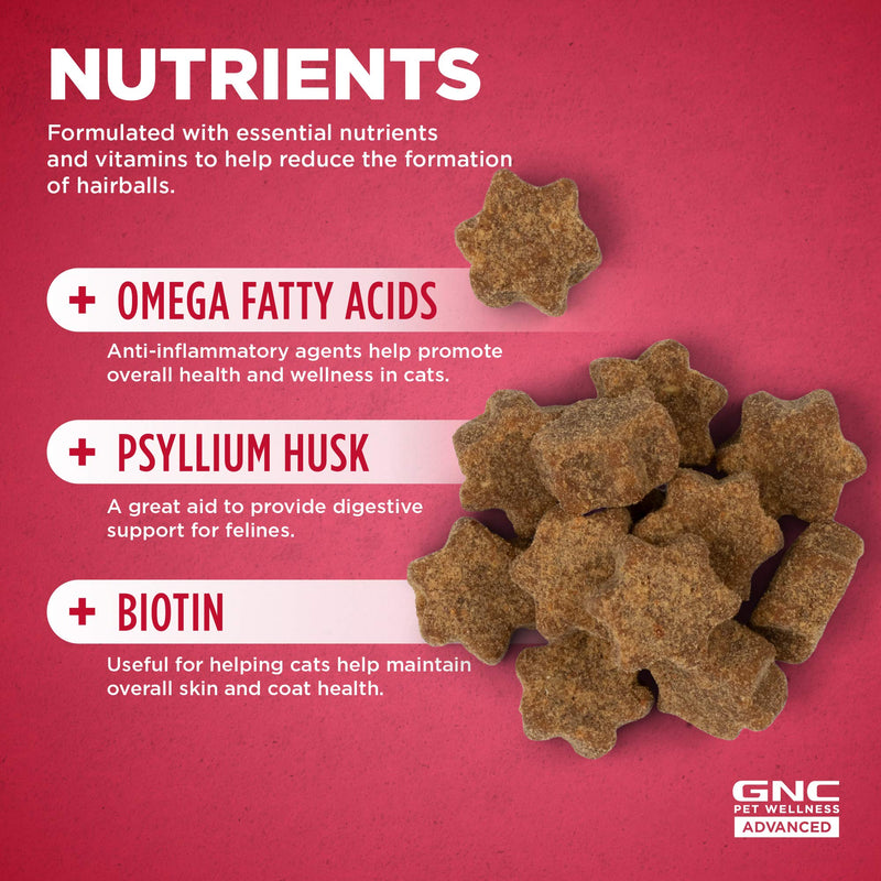 GNC for Pets Advanced Hairball Control Cat Supplement Soft Chews, 60 ct | Chicken Flavored Cat Hairball Supplements with Omega Fatty Acids, Psyllium Husks, & Biotin | Made in The USA, Brown (FF15327) - PawsPlanet Australia