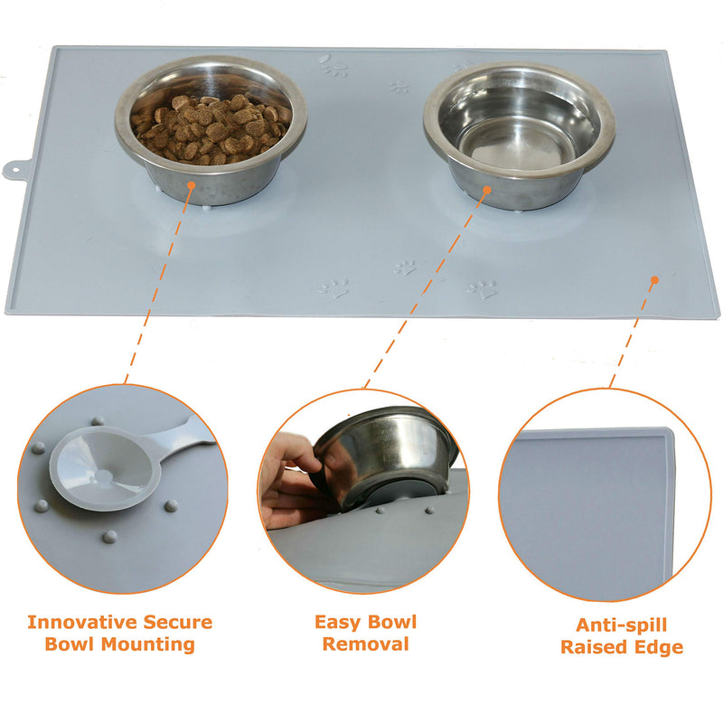 [Australia] - Dog Food Mat - Cat Food Mat - Pet Food Mat - Grey Silicone Non-skid Dog Bowl Mat for Floors - Waterproof Washable Soft Dog Mats for Food and Water - 19x12 Dog Feeding Mat with Raised Edges Bowls Tray 