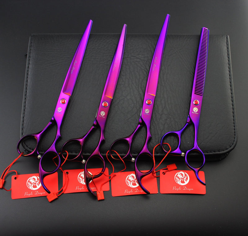 [Australia] - Purple Dragon 8.0 inch Professional Pet Grooming Scissors,Dog Straight Shear, Thinning/Blending Scissor & 2 PCS Curved Shear with Bag Purple 