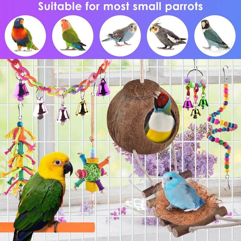 ERKOON Bird Parrot Toys, Hanging Natural Wooden Coconut Perch Birds House with Ladder, Stand Chewing Bell Pet Birds Cage Toy accessories Suitable for Parakeet, Conure, Cockatiel, Mynah?8 Pack? - PawsPlanet Australia