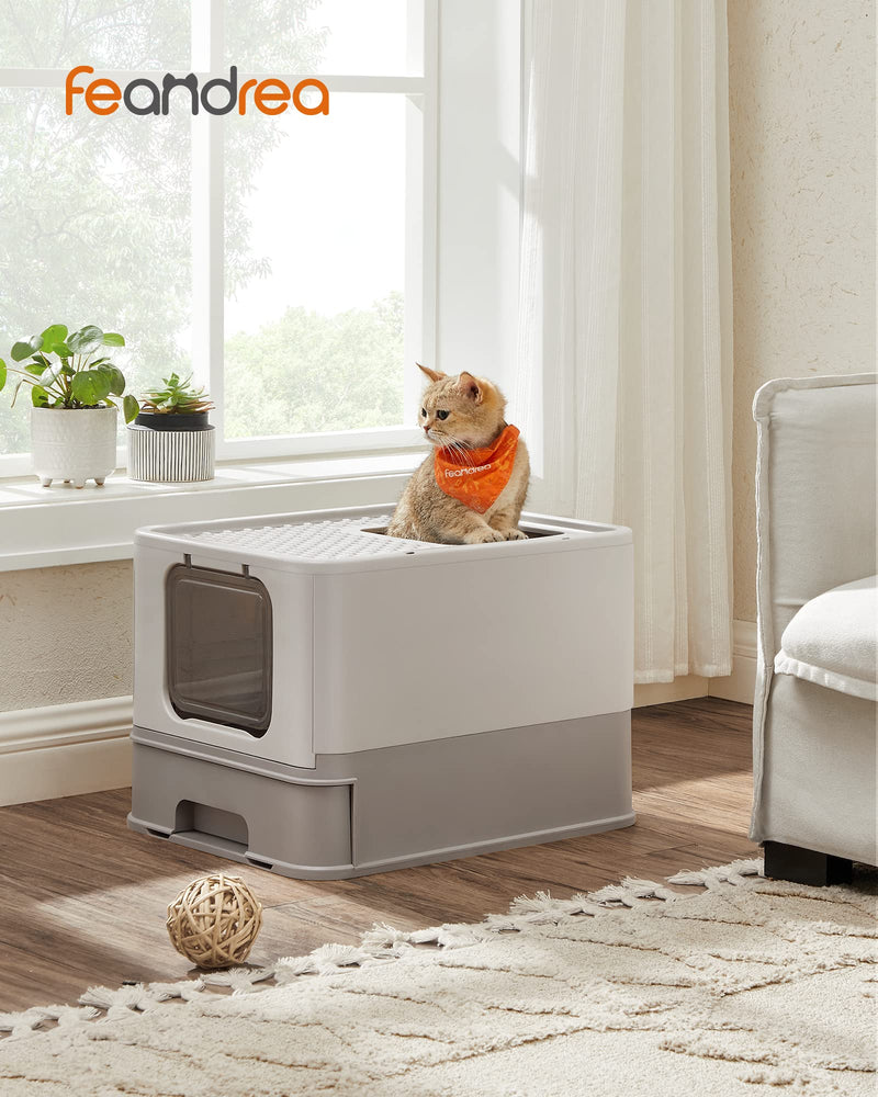 Feandrea Cat Litter Box with Lid, Extendable Tray, Scoop, Brush, Spacious for Cats up to 15kg, Less Traces, Leak-Proof Base, Oatmeal-Warm Gray PPT001G01 Oatmeal + Warm Grey - PawsPlanet Australia