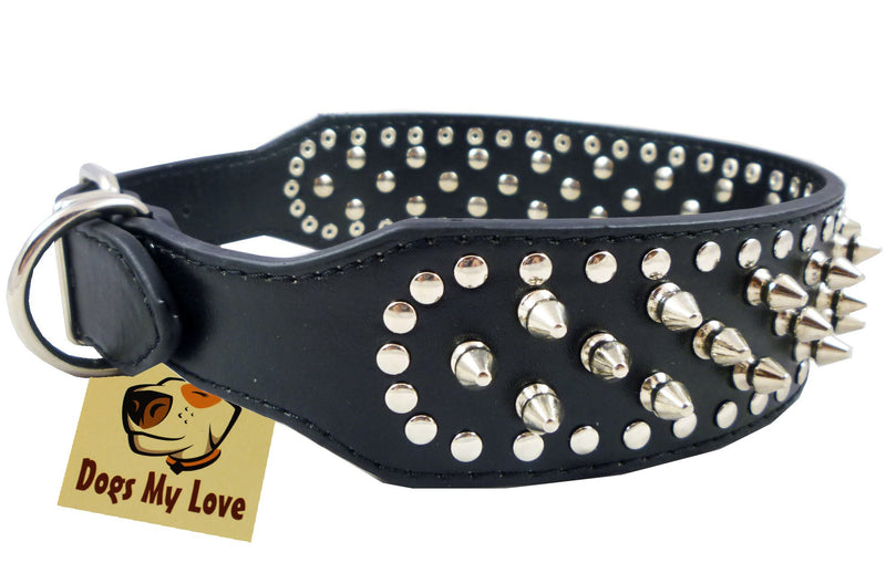 [Australia] - 19"-22" Black Faux Leather Spiked Studded Dog Collar 2" Wide, 37 Spikes 60 Studs, Pitbull, Boxer 