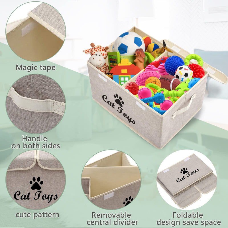 Geyecete Large Storage Boxes - Large Linen Fabric Foldable Storage Cubes Bin Box Containers with Lid and Handles for Dog Apparel & Accessories, Dog Coats, Dog Toys, Dog Clothing Cat Toys Beige - PawsPlanet Australia