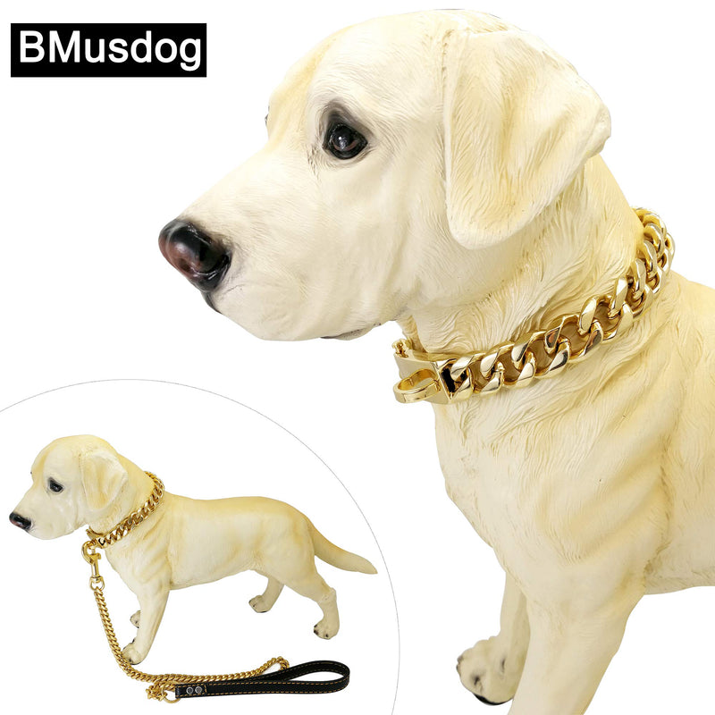 BMusdog Gold Dog Chain Collar Metal Chain Collar with Design Secure Buckle, 18K Miami Cuban Link Chain 19MM Strong Heavy Duty Chew Proof Walking Collar for Small Medium Large Dogs 12" (Fits Neck 10"-12") - PawsPlanet Australia