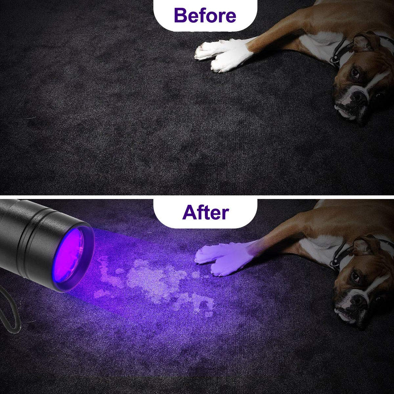 (2 Pack) UV Torch, Fulighture Pets Black Light 12LED 395nm, Dogs/Cats Urine Detector, Ultraviolet Flashlight Find Dry Stains on Carpets/Rugs/Floor with Batteries Included 3.0 Watts - PawsPlanet Australia