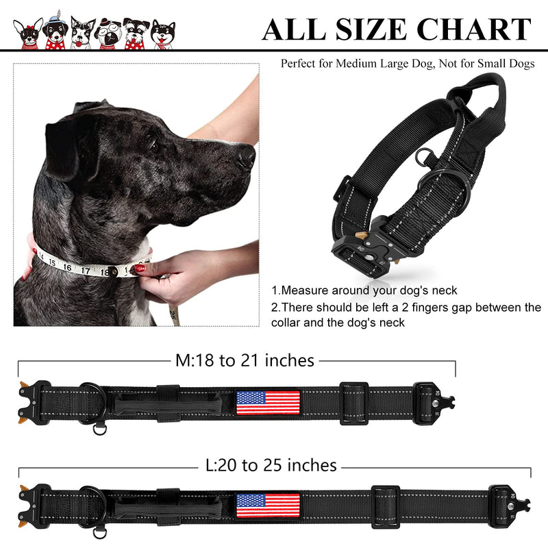 WHIPPY Wide Military Dog Collar with Control Handle Adjustable Quickly Release Metal Buckle Nylon K9 Dog Collar Heavy Duty Training Reflective Collar with USA Flag for Medium Large Dog Pet M-(18"-21") A-black - PawsPlanet Australia