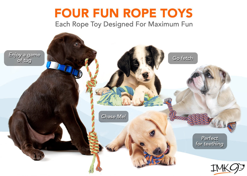 Dog Chew Rope Toys – Set of 4 Ropes - for Large, Small Teething Pets – All Puppy Breeds Aggressive Chewers – 100% Cotton for Natural Floss – with Ball, Tough Teething Rope, Tug-of-War & Fetching Bone - PawsPlanet Australia