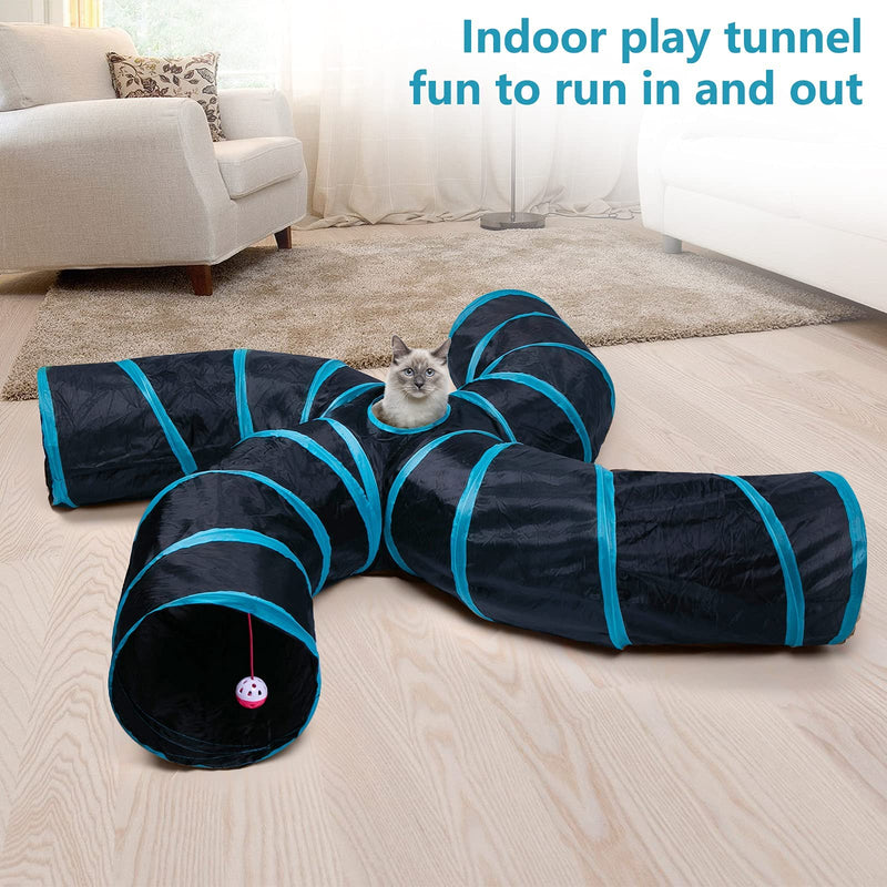 EGETOTA Cat Tunnel, 4 Way S Shape Collapsible Tube with Interactive Ball & Storage Bag, Pet Toys for Small Pets, Cat, Puppy, Kitty, Kitten, Rabbit (Black & Blue) Black & Blue - PawsPlanet Australia