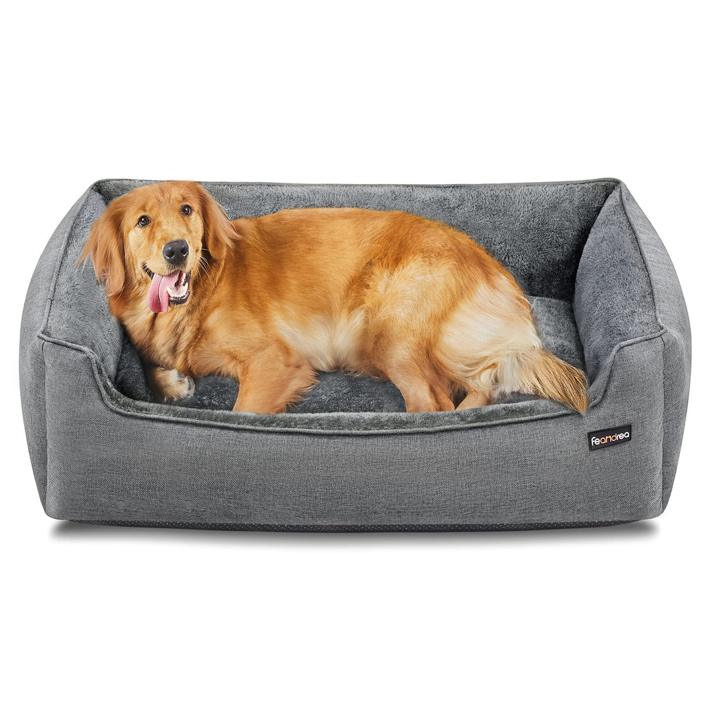Feandrea dog bed, dog cushion in linen look, dog basket, raised edges, non-slip bottom, removable, washable cover, XL, for large dogs, 110 x 75 x 27 cm, light gray PGW12GG L 110 x W 75 x H 27 cm - PawsPlanet Australia