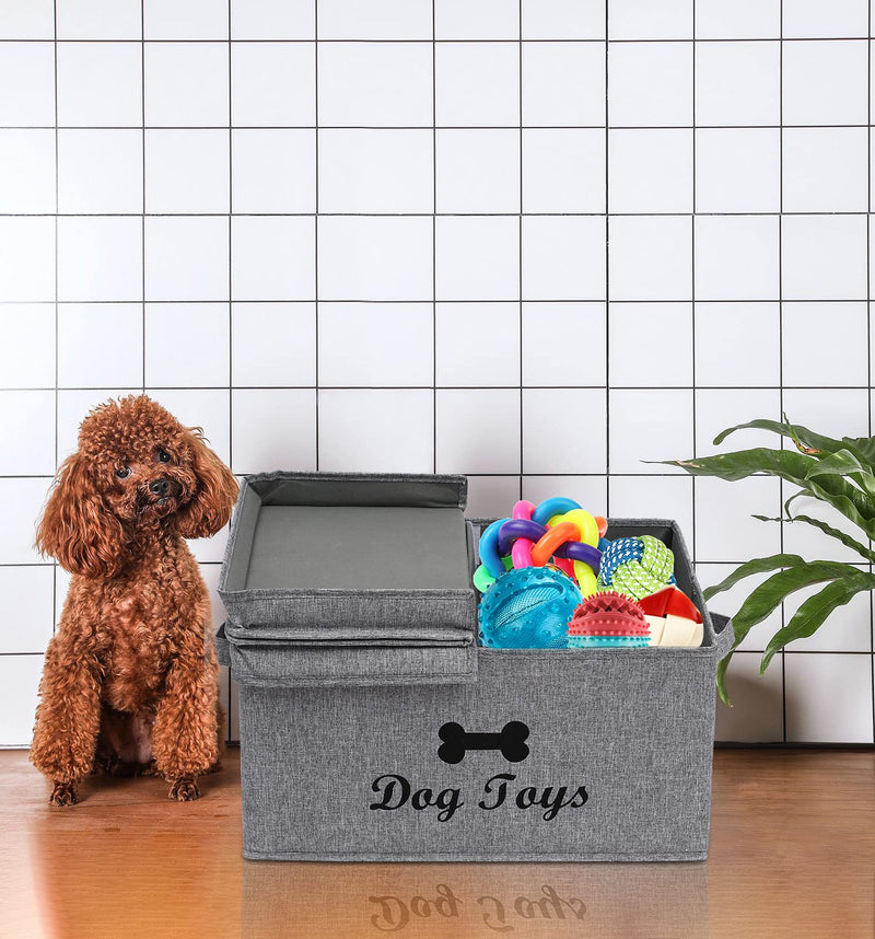 Large canvas dog basket with lid 16.5"x12" inch storage for dog supplies - Perfect puppy storage bin for organizing dog doggie toys and accessories - Gray Grey - PawsPlanet Australia