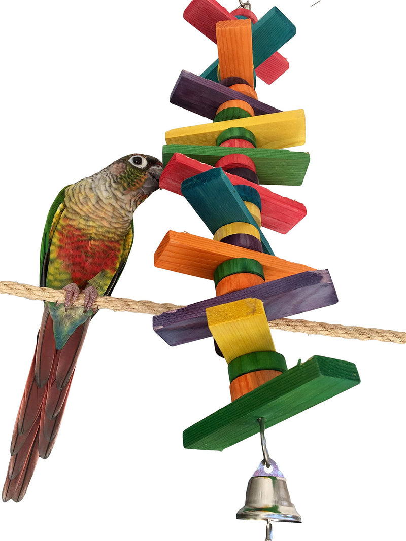 [Australia] - Tropical Chickens Wooden Bird Chew Toy, 14 Inches Colorful Hanging Wood Chew Blocks, Natural Wood Blocks with Bird Safe Bell, Great for Parrots, Macaws, African Greys and Conures 