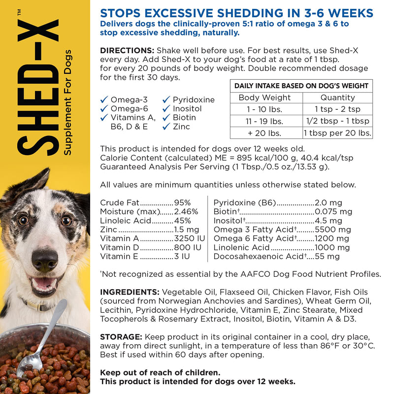 Shed-X Liquid Daily Supplement For Dogs – 100% Natural – EliminatesExcessive Dog Shedding with Daily Supplement of Essential Fatty Acids, Vitamins and Minerals 16 Ounce - PawsPlanet Australia