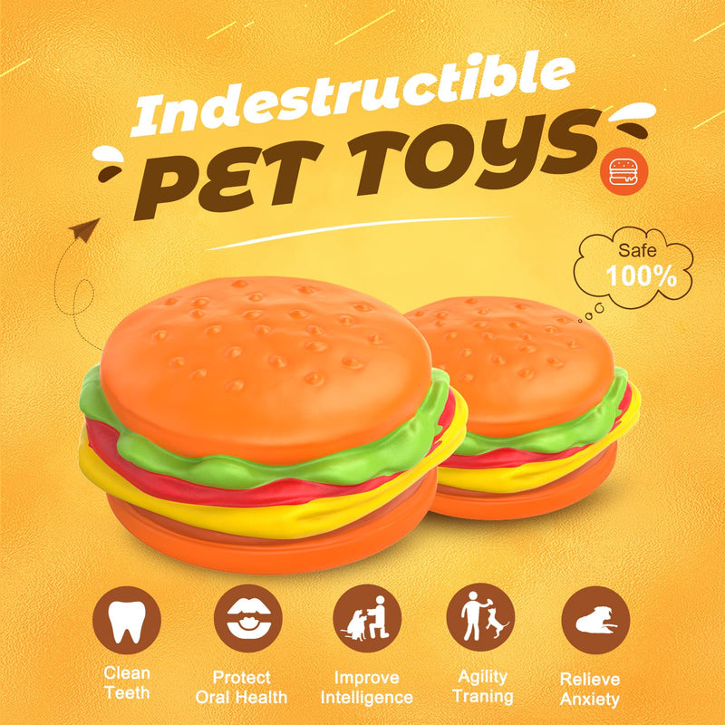 RUXAN Indestructible Dog Toy for Aggressive Chewers, Durable Teeth Cleaning Toy with Squeaky, Toughest Natural Rubber Dog Toy for Medium/Large Dogs Orange - Burger - PawsPlanet Australia