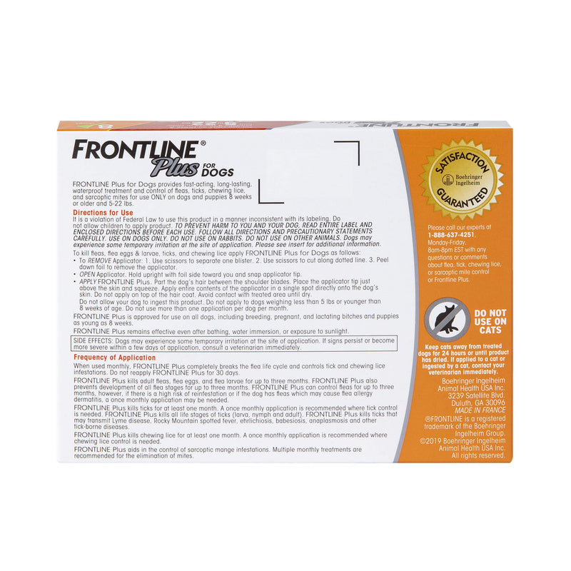 FRONTLINE Plus Flea and Tick Treatment for Dogs (Small Dog, 5-22 Pounds, 8 Doses) - PawsPlanet Australia