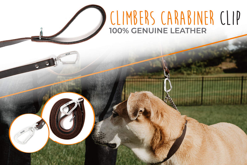 [Australia] - Mighty Paw Leather Dog Leash | 6 Ft Leash. Super Soft Padded Handle Leather Lead with Extra D-Ring for Waste Bags. Strong Climbers Clip, Perfect Medium and Large Dog Leash. (Brown) Brown 