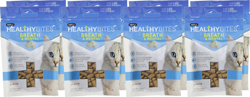 VetIQ Healthy Bites Hairball Remedy For Cats and Kittens 65g - Pack of 8 & Healthy Bites Breath & Dental For Cats & Kittens, 65g - Pack of 8 + Breath & Dental For Cats - Pack of 8 - PawsPlanet Australia