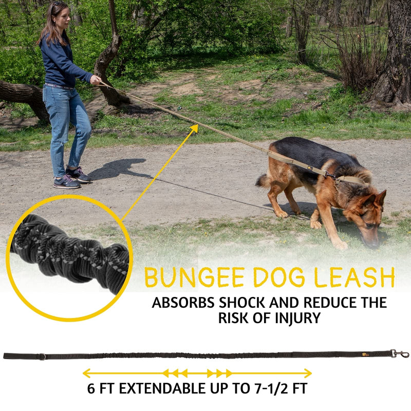 Heavy Duty Dog Leash for Large Dogs - Bungee Dog Leash 6 Foot Extendable up to 7-½ ft - Tactical Dog Leash with Traffic Handle 6 foot x 1" Black - PawsPlanet Australia