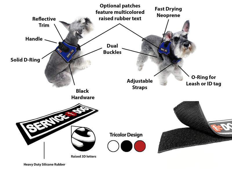 [Australia] - Dogline Quest No-Pull Dog Harness with 3D Rubber Service Dog Removable Patches Reflective Soft Comfortable Dog Vest with Quick Release Dual Buckles Black Hardware and Handle Girth 25" to 31" Blue 