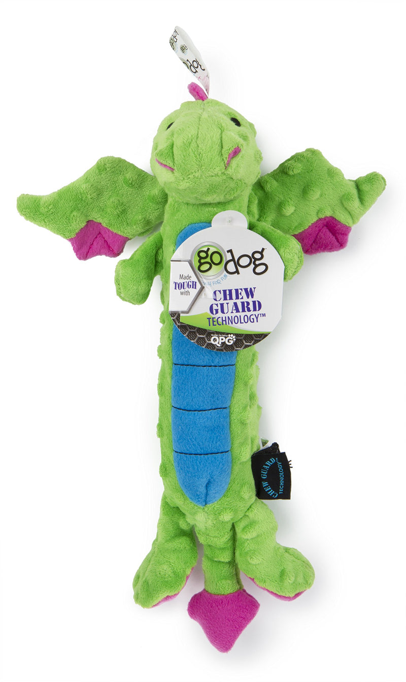 goDog Dragons Skinny Squeaker Dog Toy, Chew Resistant, Durable Plush, Soft, Tough, Reinforced Seams, Green, Large - PawsPlanet Australia