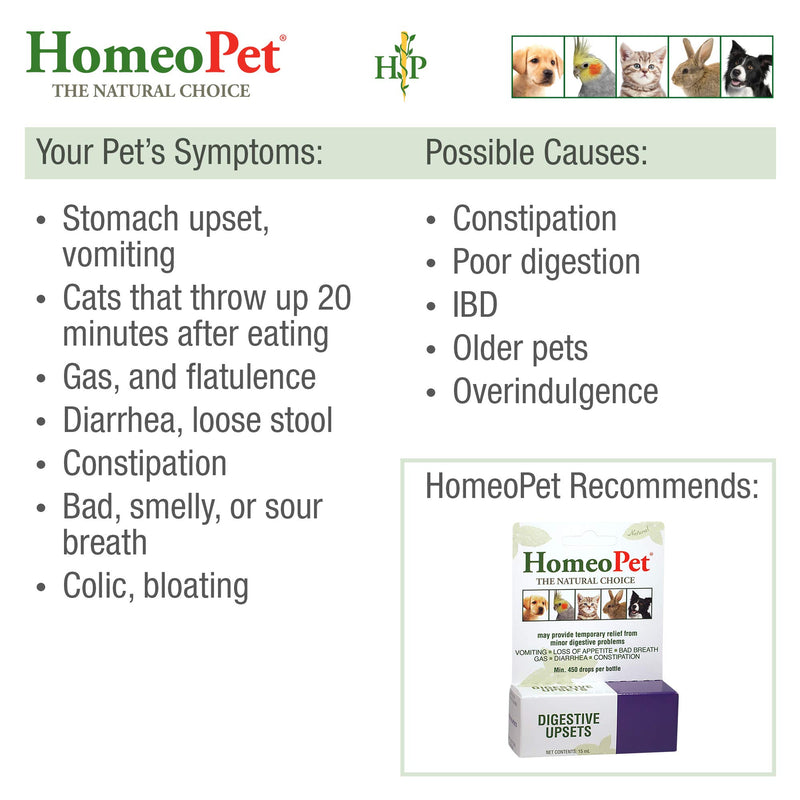 HomeoPet DIGESTIVE UPSETS - 100% Natural Pet Medicine. Minor digestive problems - vomiting, bad breath, diarrhoea, constipation, gas. Pets of all ages. 15ml/up to 90 doses per bottle - PawsPlanet Australia