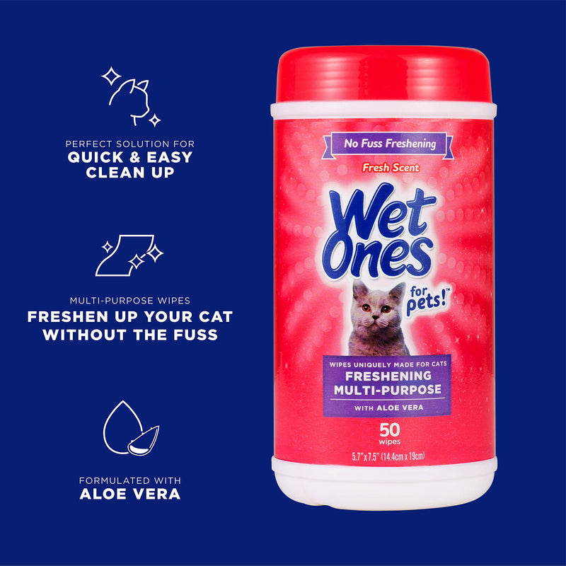[Australia] - Wet Ones for Pets Freshening Multipurpose Wipes for Cats with Aloe Vera | Easy to Use Cat Cleaning Wipes, Freshening Cat Grooming Wipes for Pet Grooming in Fresh Scent | 50 ct Cannister Cat Wipes 50 Count 