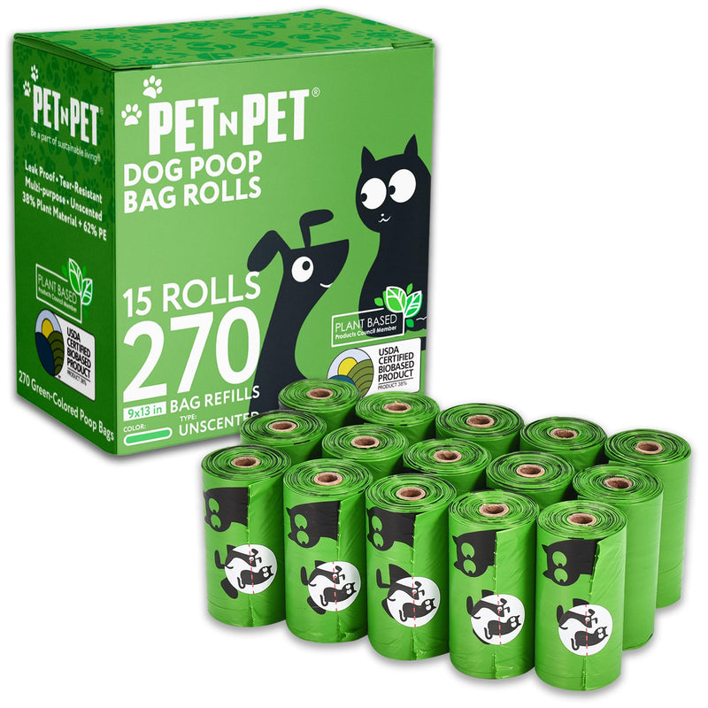 PET N PET dog poop bags, poop bags for dogs, dog poop bags 38% plant-based - 270 units 15 rolls of dog poop bags 9x13 inch poop bags for dogs, unscented poop bags 270 Count - PawsPlanet Australia