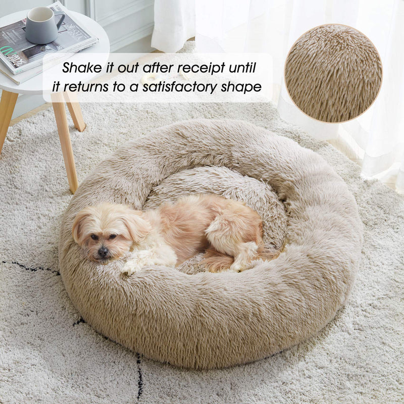 Calming Dog Bed & Cat Bed, Anti-Anxiety Donut Dog Cuddler Bed, Warming Cozy Soft Dog Round Bed, Fluffy Faux Fur Plush Pet Dog Cat Cushion Bed for Small Medium Dogs and Cats (20"/24"/27") 20" Brown - PawsPlanet Australia