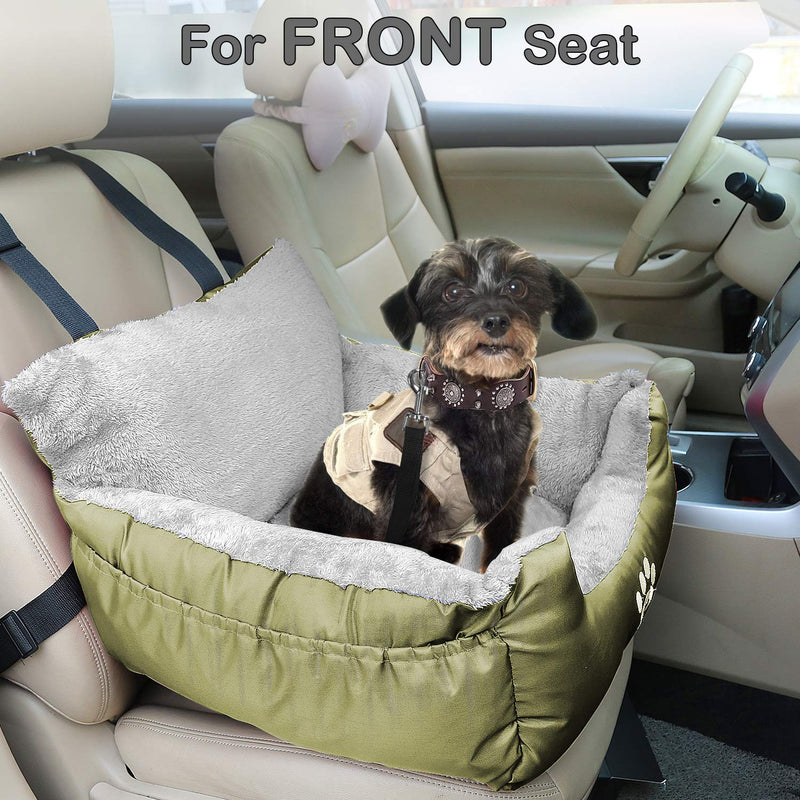 GoFirst Dog Car Seat for Small Dogs or Cats, Pet Booster Seat Travel Car Bed with Storage Pocket and Clip-On Safety Leash, Waterproof Warm Plush Dog Car Safety Seats (Light Green) Light Green - PawsPlanet Australia