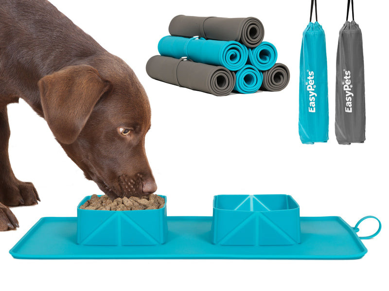 RollaBowl Travel Dog Bowl with Carry Case. Portable Double 'Roll-Up' Pet Bowl and Mat, For Cat or Dog. Perfect for Home, Travel, Walks and Camping (Turquoise) Turquoise - PawsPlanet Australia