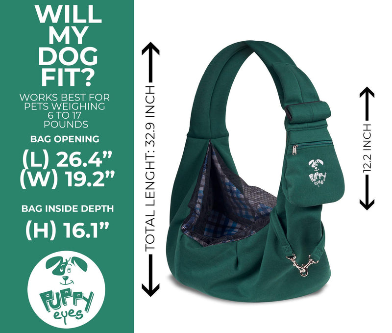 Puppy Eyes Waterproof Pet Carrier Sling Comfortable and Adjustable Dog Sling Ideal for Small and Medium Dogs up to 16 Pounds - Lightweight and Easy-Care Dog Carrier with Safety Mesh and Safety Leash Green - PawsPlanet Australia