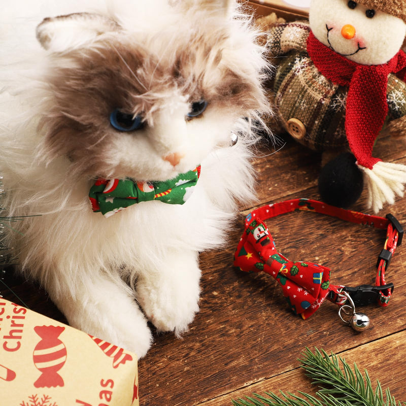 Pack of 2 Christmas Cat Collars with Bells and Bow Tie, Removable Adjustable Cat Collar Breakaway Cute Kitten Collar for Cats Puppies (Red Snowman + Green Santa Claus) - PawsPlanet Australia