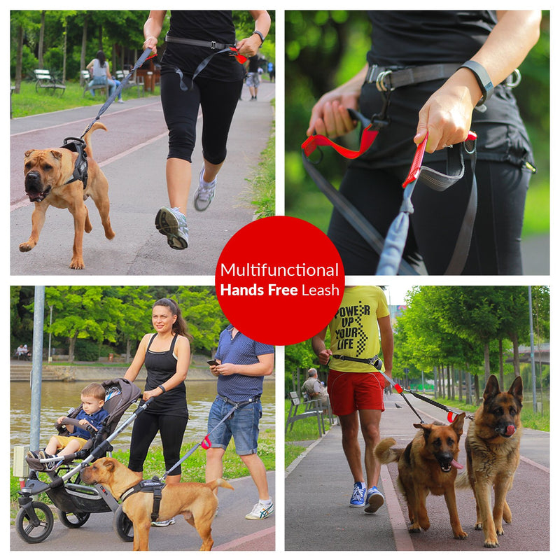 [Australia] - TAKE YANKEE Hands Free Dog Leash + Training Running Walking Leash & Double Leash Set, Fits 2 Dogs + Reflective Leash • Adjustable Waist Belt + Strong Bungee Leash + Poop Bag Holder TWO Dogs RED 