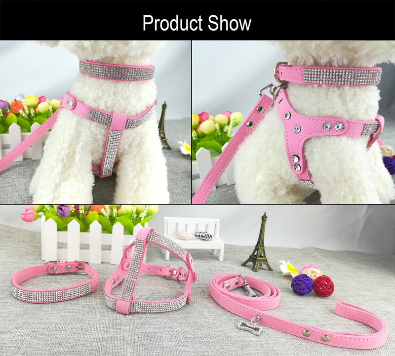 Newtensina Dog Collar & Harness & Lead Sets Fashion Dog Collar Diamante with Harness & Leashes Comfortable Soft Collar Harness and Leashes Set for Dog - Pink - XS - PawsPlanet Australia