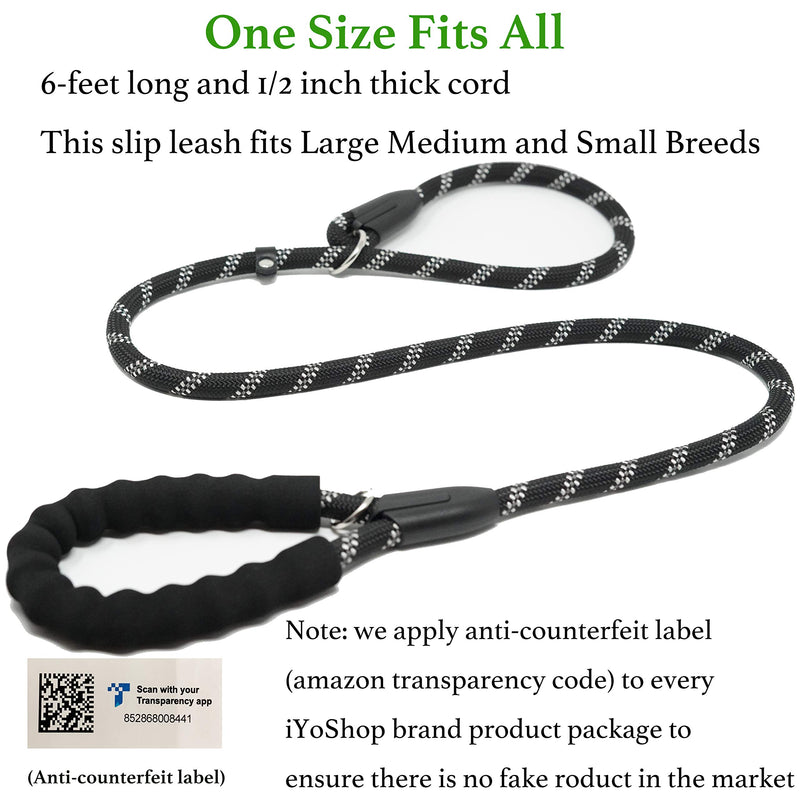 [Australia] - iYoShop 6FT Durable Slip Lead Dog Leash with Comfortable Padded Handle and Highly Reflective Threads Quality Dog Rope Training Leash for Small Medium and Large Dogs Black 