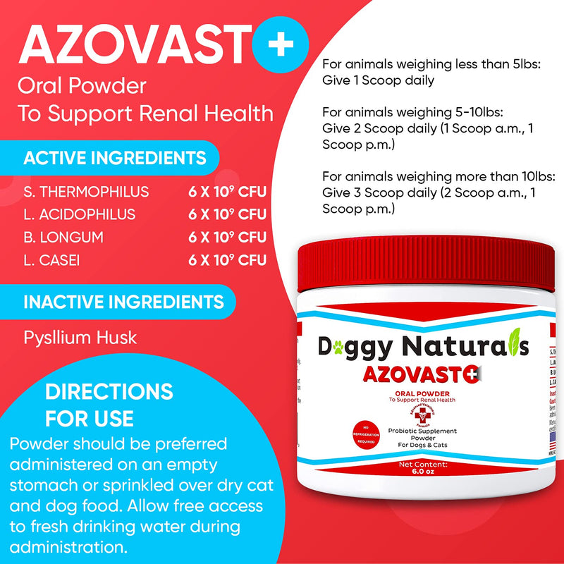 Azovast Plus Kidney Health Supplement for Dogs & Cats, Oral Powder (6 Oz) - (120 Doses/ Jar) NO Refrigeration Required - Help Support Kidney Function & Manage Renal Toxins (Made in U.S.A) - PawsPlanet Australia