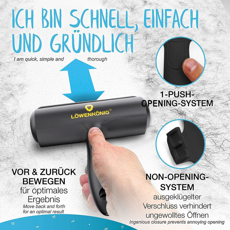 LÖWENKÖNIG® Rolli 2.0 [Improved animal hair remover large] Lint roller for removing dog and cat hair - Self-cleaning cat hair remover - Ideal for sofa, car, clothing, scratching post Bestseller: Black Incl. accessories - PawsPlanet Australia