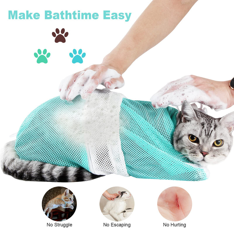 Cat Bag for Bathing 8 PCS Set with Cat Shower Net Bag Adjustable Pet Grooming Brush Nail Clipper Nail File Hair Combs Tick Tool Nail Caps, Nail Trimming Bath Cleaning Supplies Kit for Cats & Dogs Green - PawsPlanet Australia