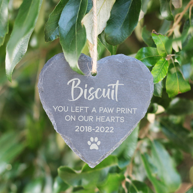 eBuyGB Personalised Slate Hanging Heart Decoration, Pet Memorial Plaque, You Left A Pawprint On Our Hearts Keepsake, Sympathy Gift, Cat/ Dog Loss Bereavement - PawsPlanet Australia