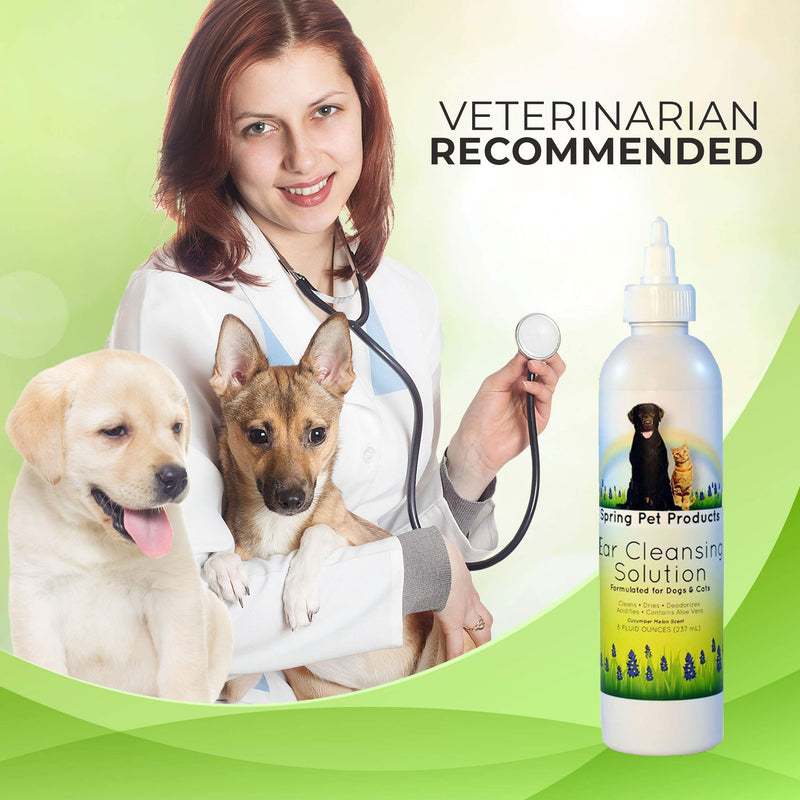 Spring Pet Ear Solution for Dogs and Cats ~ 8 Oz Size ~ Soothing Aloe Vera and Vitamin Veterinary Strength Formula Made in USA - PawsPlanet Australia