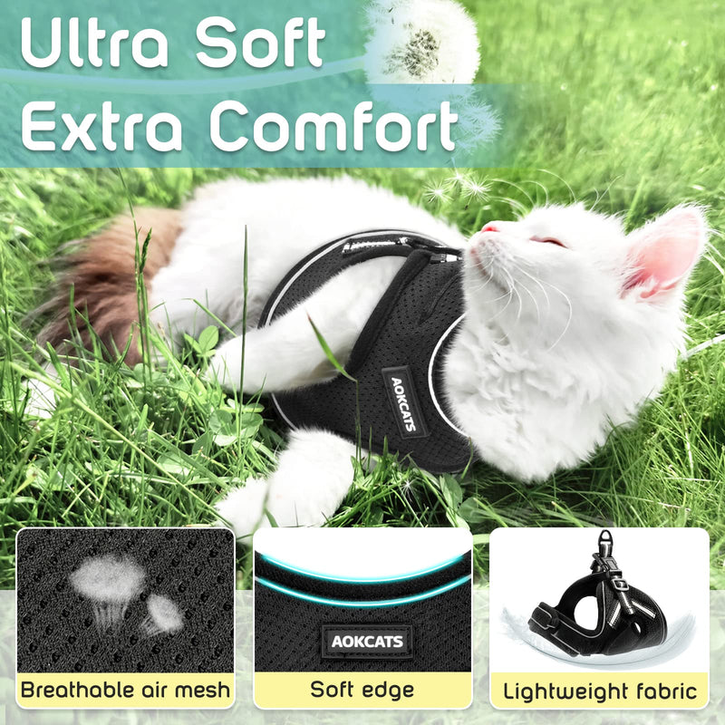 AOKCATS Cat Harness and Lead Set, Kitten Harness with Cat Lead, Cat Leash Large Cat Harness Escape Proof with Reflective Strips for Walking, Soft & Adjustable Comfort for Pet Kitten Puppy, S Black - PawsPlanet Australia