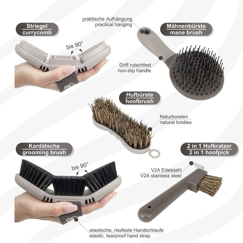 Chevalon horse grooming set | Flexible body brush | Weeder/massage brush | 2in1 hoof pick with stainless steel pick | Mane horse brush | Hoof brush | Grooming bag for horses accessories/horse cleaning kit set - PawsPlanet Australia